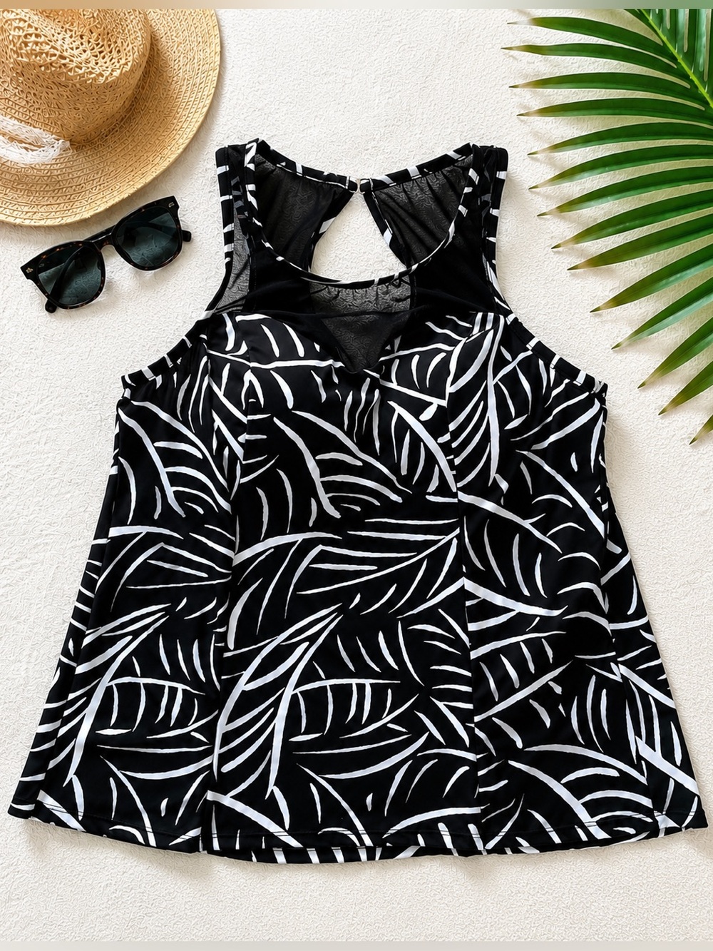 Trimshaper Tankini Top 16 Black White Tropical Tummy Control Resort Swim Wear
